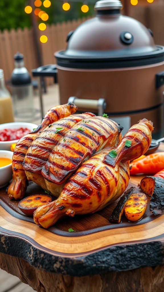 Grilled Kamado chicken on a wooden platter, garnished with herbs and surrounded by grilled vegetables.